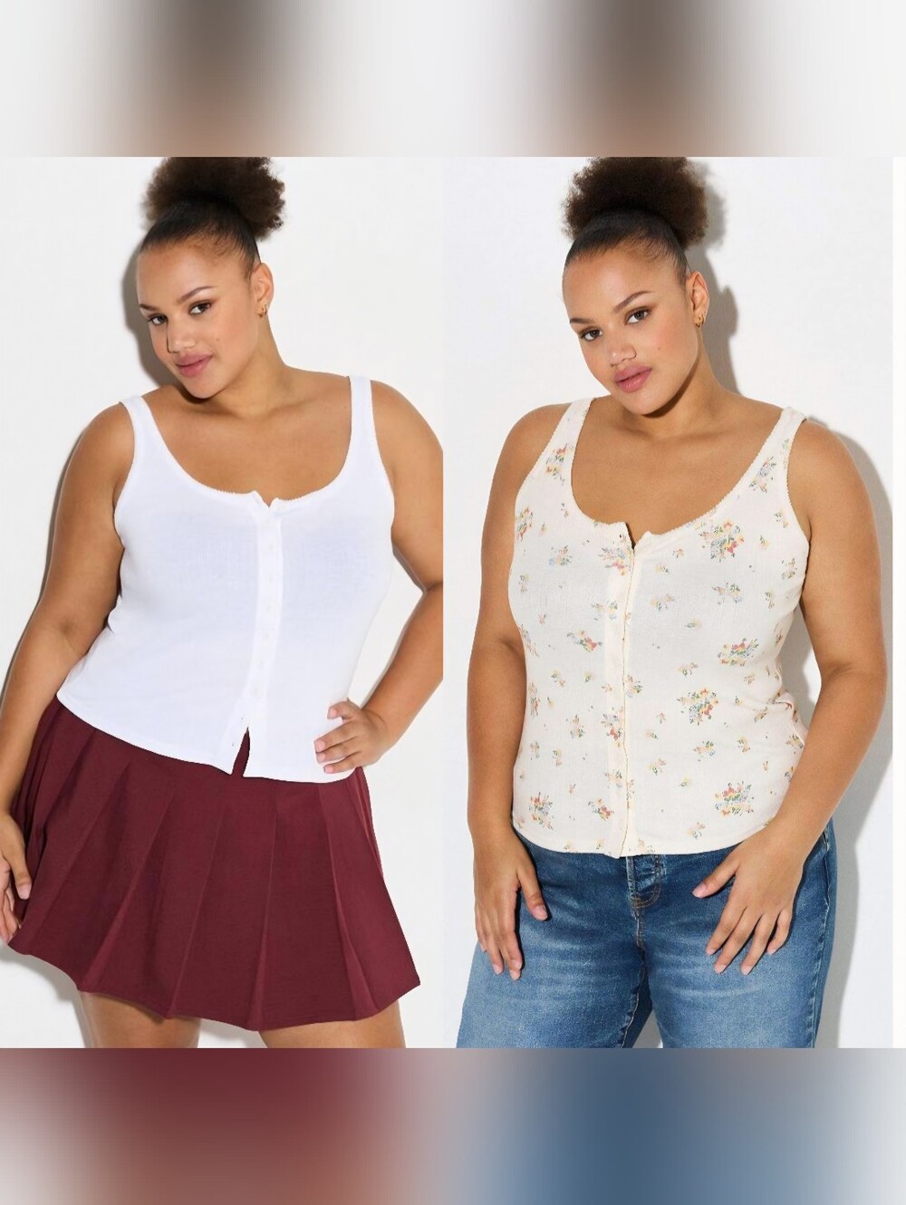 Set of Torrid Lovesick Button-Up Tanks White & Cream Floral Pointelle Trim Soft